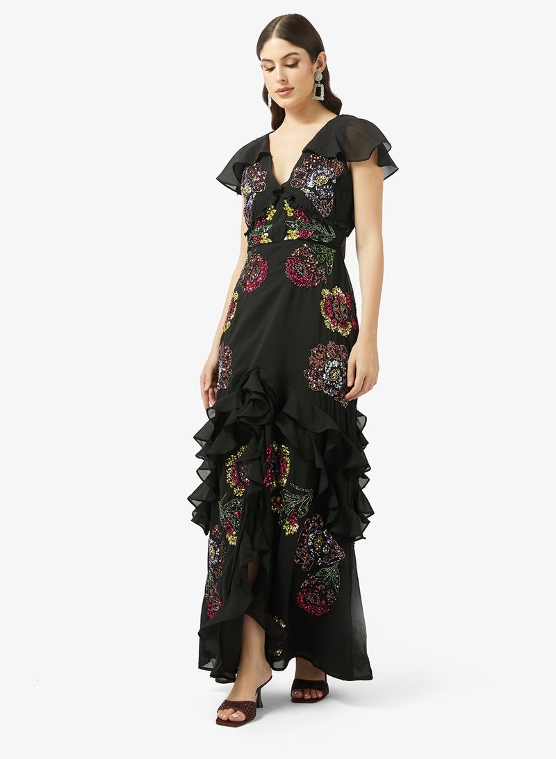 مايا فستان ماكسي بأكمام كاب مزين بالزهور - Image 1